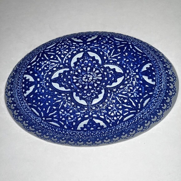 Sapphire Blue Hand Painted Glass Raised Relief Oval Bowl - Picture 5 of 8